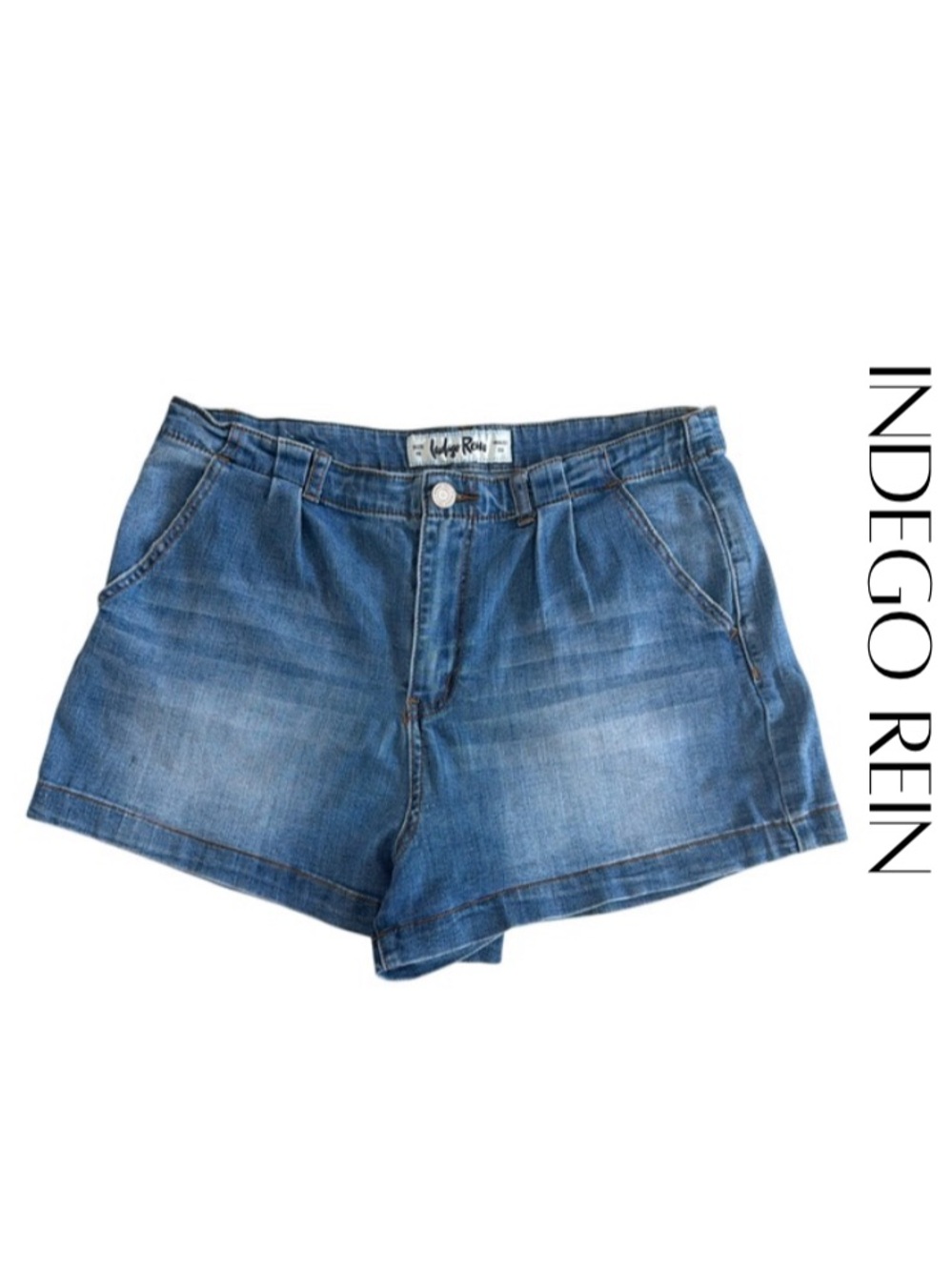 Indigo Rein Jean Shorts High Rise Mom Juniors Size 15/33 Slight Pleat Dark Wash